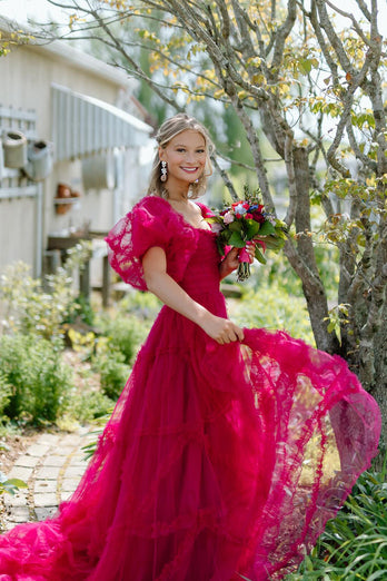 Fuchsia A-Line Square Neck Puff Sleeves Tulle Long Prom Dress