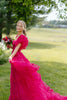 Load image into Gallery viewer, Fuchsia A-Line Square Neck Puff Sleeves Tulle Long Prom Dress