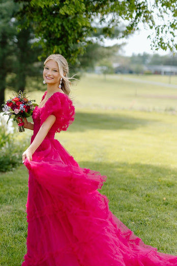 Fuchsia A-Line Square Neck Puff Sleeves Tulle Long Prom Dress