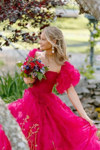 Fuchsia A-Line Square Neck Puff Sleeves Tulle Long Prom Dress