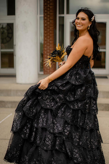 Sparkly Black Strapless A-Line Long Prom Dress with Slit