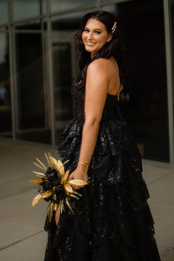 Sparkly Black Strapless A-Line Long Prom Dress with Slit