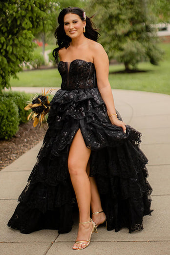 Sparkly Black Strapless A-Line Long Prom Dress with Slit