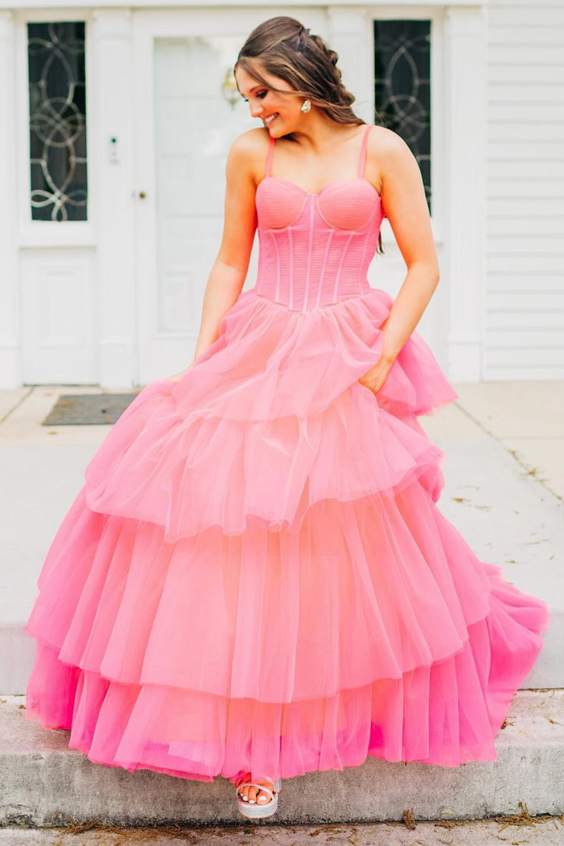 Load image into Gallery viewer, Pink Spaghetti Straps Corset A-Line Tulle Long Prom Dress