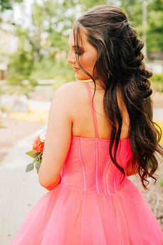 Pink Spaghetti Straps Corset A-Line Tulle Long Prom Dress