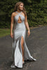 Load image into Gallery viewer, Silver Neck Collar Mermaid Corset Satin Long Prom Dress with Slit