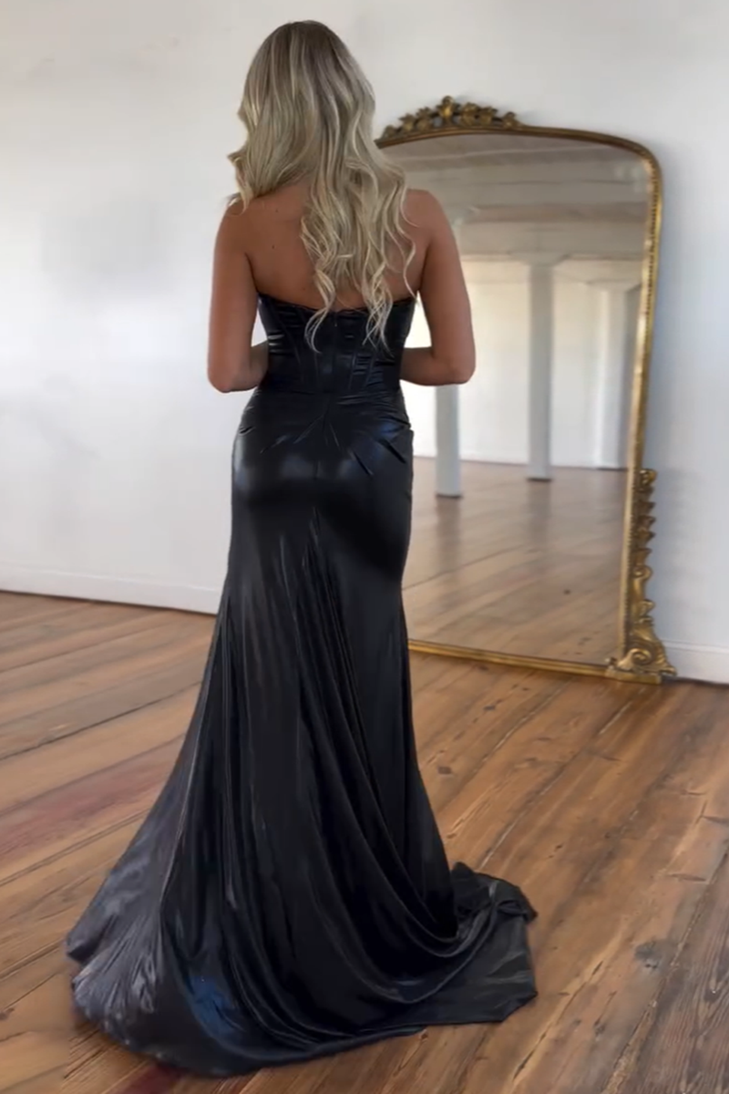 Load image into Gallery viewer, Black Corset Strapless Mermaid Long Prom Dress with Slit