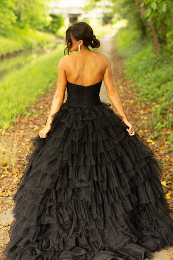 Black Strapless Tulle A-Line Long Prom Dress with Slit