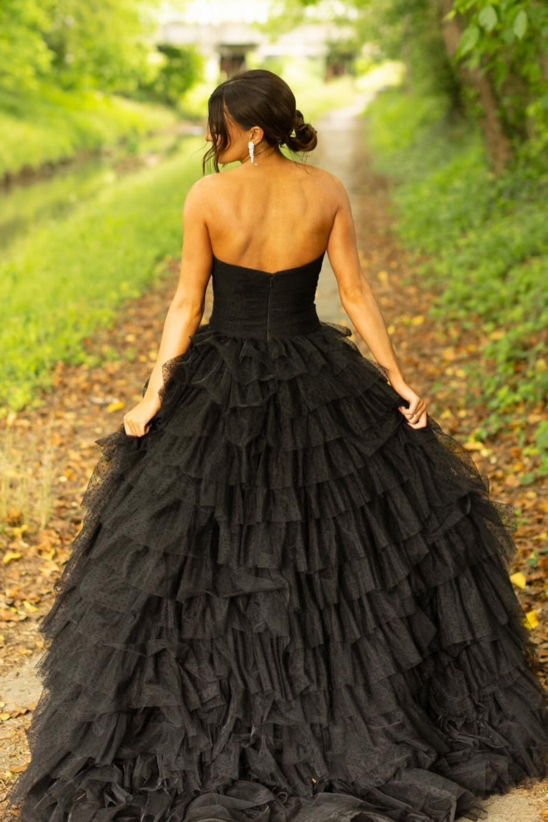 Load image into Gallery viewer, Black Strapless Tulle A-Line Long Prom Dress with Slit