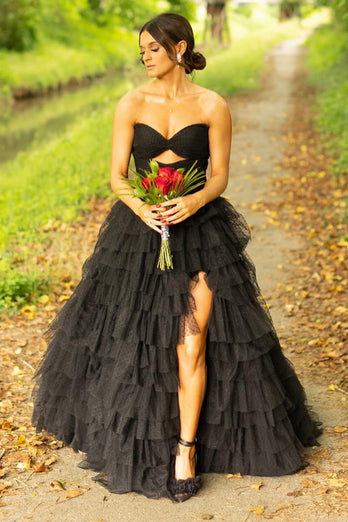 Black Strapless Tulle A-Line Long Prom Dress with Slit