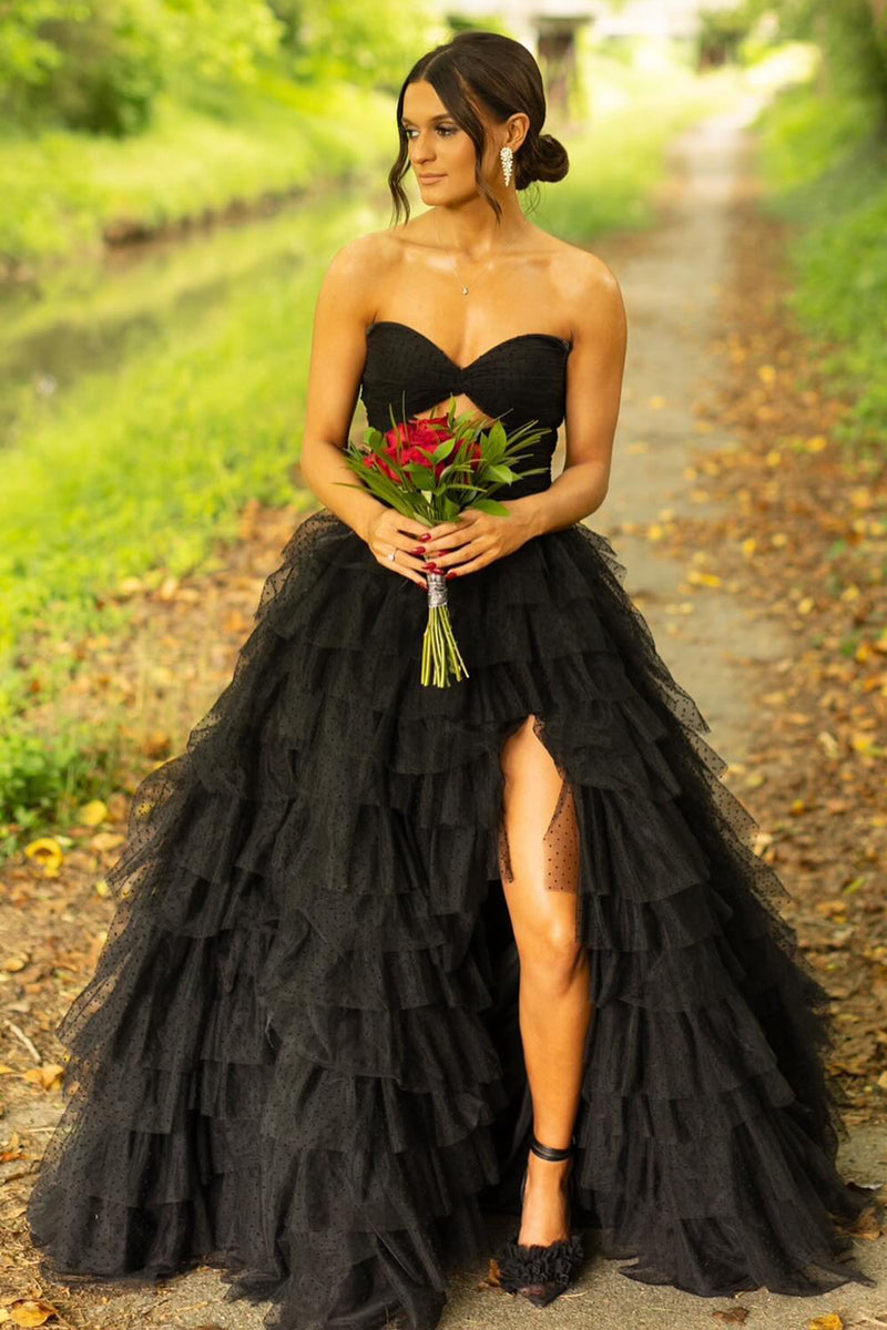 Load image into Gallery viewer, Black Strapless Tulle A-Line Long Prom Dress with Slit