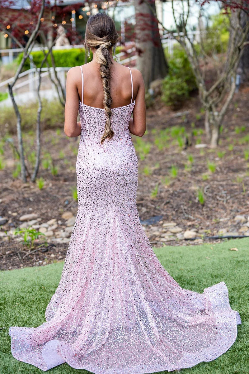 Load image into Gallery viewer, Pink Sparkly Spaghetti Straps Corset Mermaid Long Prom Dress with Sequins