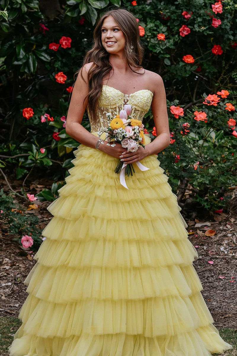 Load image into Gallery viewer, Yellow Strapless A-Line Tulle Corset Long Prom Dress with Appliques