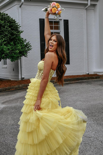 Yellow Strapless A-Line Tulle Corset Long Prom Dress with Appliques