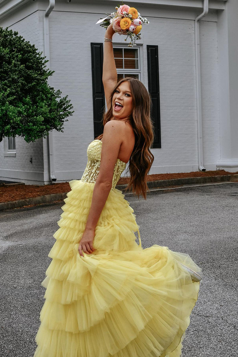 Load image into Gallery viewer, Yellow Strapless A-Line Tulle Corset Long Prom Dress with Appliques