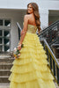 Load image into Gallery viewer, Yellow Strapless A-Line Tulle Corset Long Prom Dress with Appliques