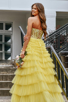 Yellow Strapless A-Line Tulle Corset Long Prom Dress with Appliques