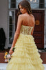 Load image into Gallery viewer, Yellow Strapless A-Line Tulle Corset Long Prom Dress with Appliques