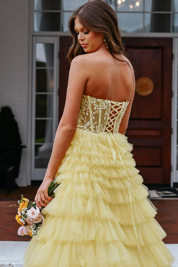 Yellow Strapless A-Line Tulle Corset Long Prom Dress with Appliques