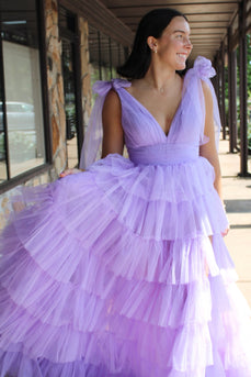 Simple Lilac A-Line Tulle V-Neck Long Prom Dress with Slit