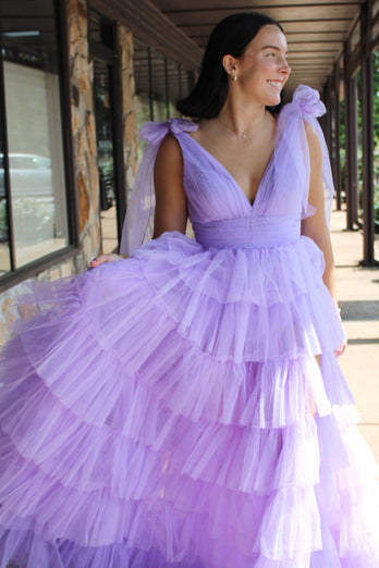 Simple Lilac A-Line Tulle V-Neck Long Prom Dress with Slit