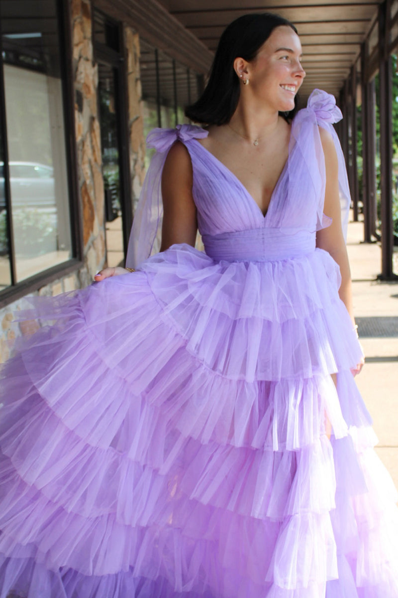 Load image into Gallery viewer, Simple Lilac A-Line Tulle V-Neck Long Prom Dress with Slit