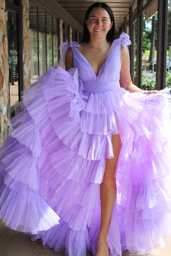 Simple Lilac A-Line Tulle V-Neck Long Prom Dress with Slit