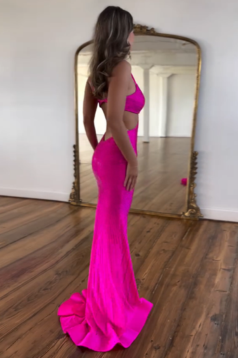 Sexy Fuchsia Spaghetti Straps Satin Mermaid Long Prom Dress