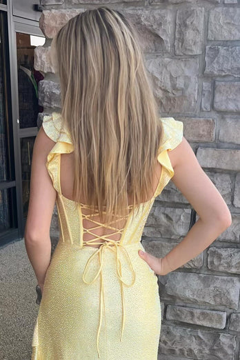 Glitter Yellow Spaghetti Straps Mermaid Corset Long Prom Dress with Ruffles