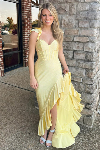 Glitter Yellow Spaghetti Straps Mermaid Corset Long Prom Dress with Ruffles