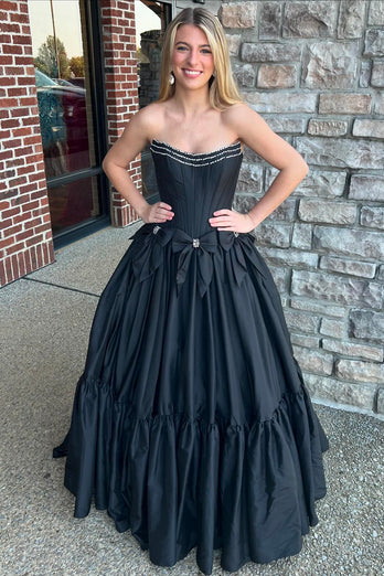 Sparkly A Line Black Strapless Corset Long Prom Dress with Bow