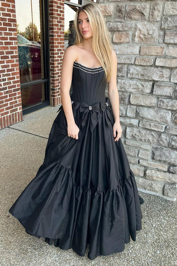 Sparkly A Line Black Strapless Corset Long Prom Dress with Bow