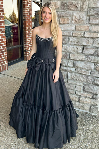 Sparkly A Line Black Strapless Corset Long Prom Dress with Bow