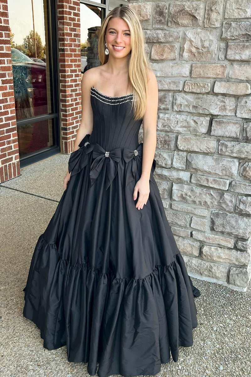 Load image into Gallery viewer, Sparkly A Line Black Strapless Corset Long Prom Dress with Bow