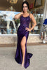 Load image into Gallery viewer, Dark Purple Spaghetti Straps Mermaid Appliqued Prom Dress with Slit