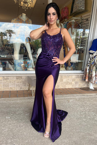 Dark Purple Spaghetti Straps Mermaid Appliqued Prom Dress with Slit