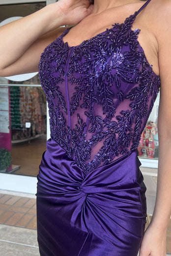 Dark Purple Spaghetti Straps Mermaid Appliqued Prom Dress with Slit