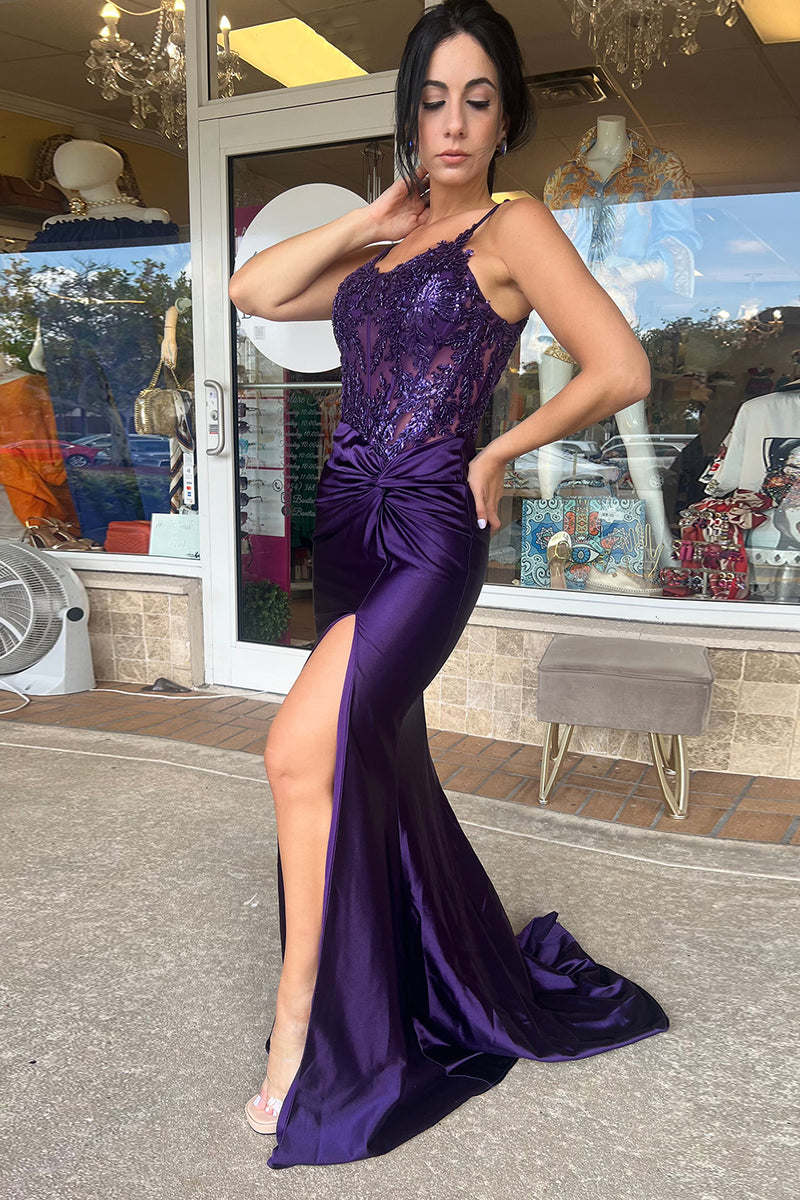 Load image into Gallery viewer, Dark Purple Spaghetti Straps Mermaid Appliqued Prom Dress with Slit