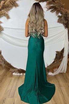 Sparkly Green Spaghetti Straps Mermaid Long Prom Dress with Slit