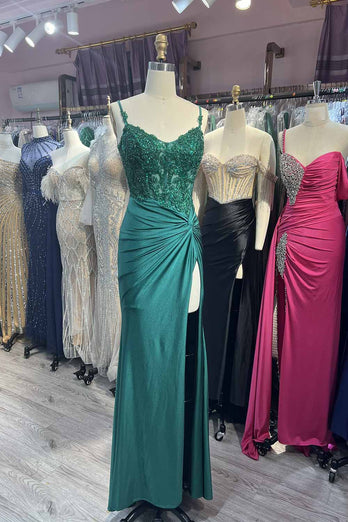 Sparkly Green Spaghetti Straps Mermaid Long Prom Dress with Slit