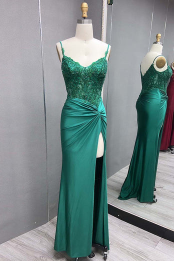 Sparkly Green Spaghetti Straps Mermaid Long Prom Dress with Slit