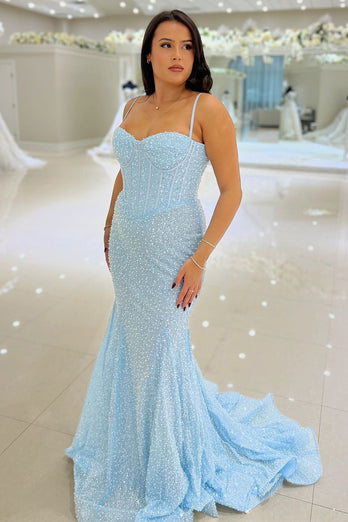 Glitter Sky Blue Spaghetti Straps Mermaid Corset Long Prom Dress