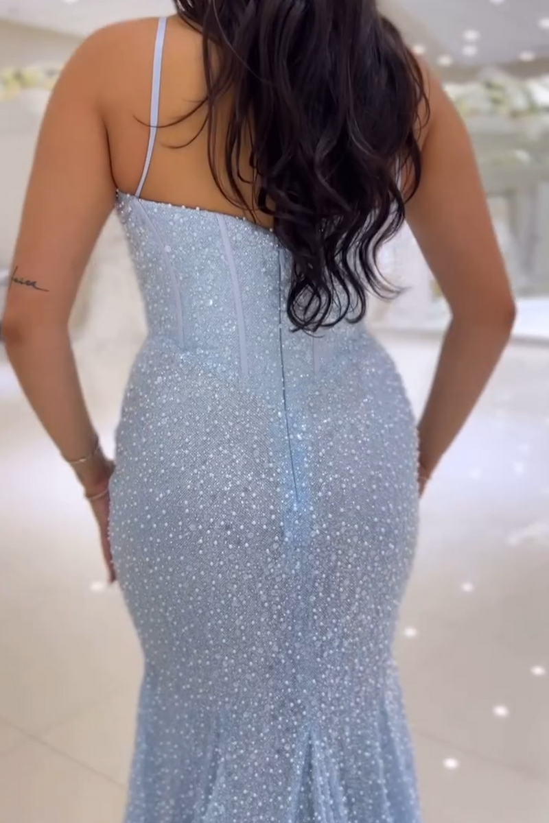 Load image into Gallery viewer, Glitter Sky Blue Spaghetti Straps Mermaid Corset Long Prom Dress