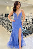 Load image into Gallery viewer, Sparkly Blue Spaghetti Straps Mermaid Beaded Prom Dress with Slit