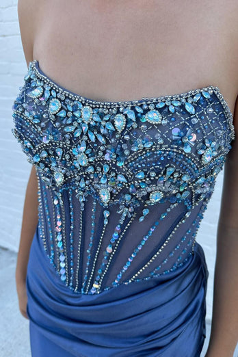 Grey Blue Beaded Strapless Sweep Train Prom Dress with Slit