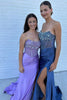 Load image into Gallery viewer, Grey Blue Beaded Strapless Sweep Train Prom Dress with Slit