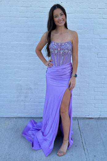 Grey Blue Beaded Strapless Sweep Train Prom Dress with Slit