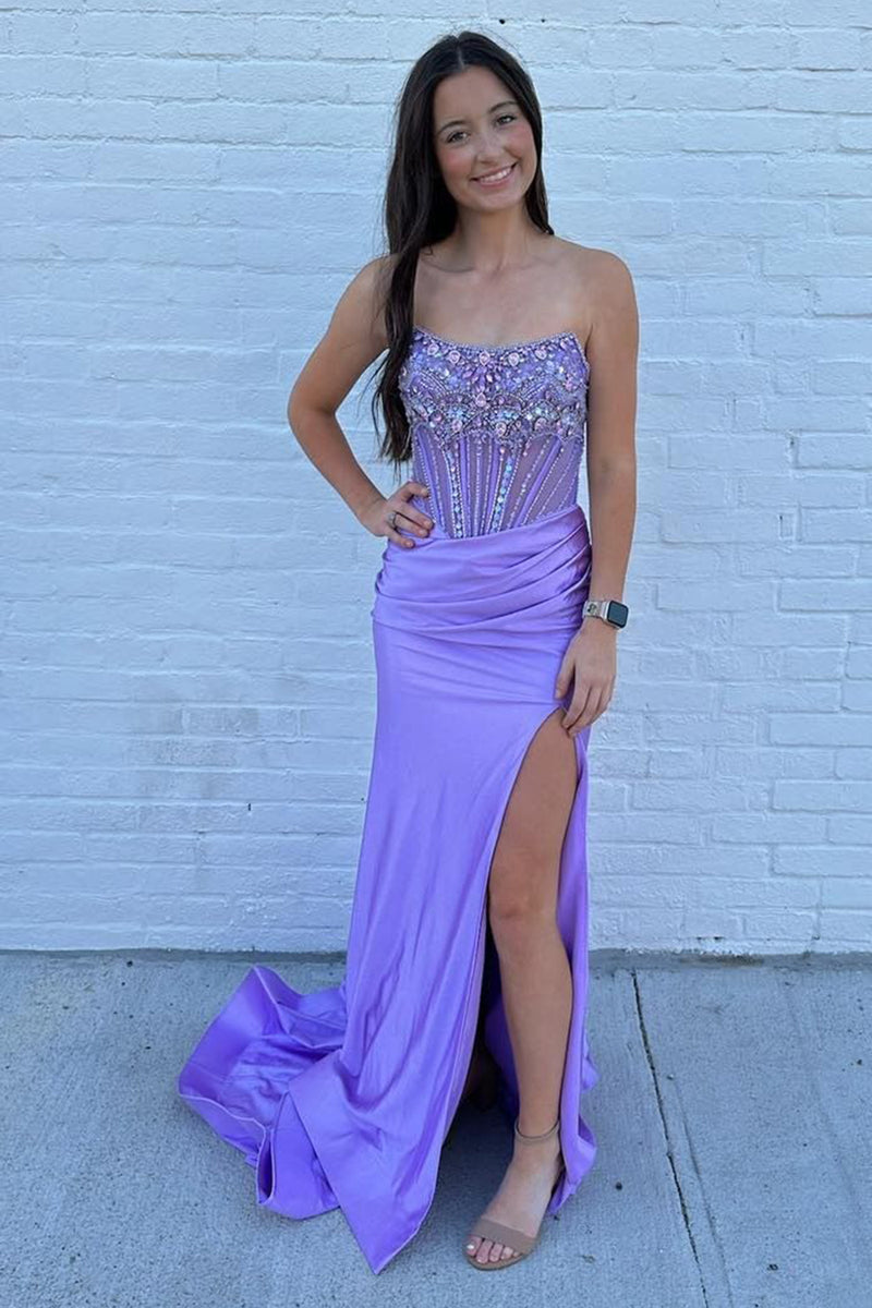 Load image into Gallery viewer, Grey Blue Beaded Strapless Sweep Train Prom Dress with Slit