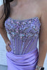 Load image into Gallery viewer, Grey Blue Beaded Strapless Sweep Train Prom Dress with Slit