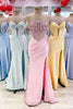 Load image into Gallery viewer, Grey Blue Beaded Strapless Sweep Train Prom Dress with Slit